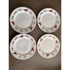 Set/4 Vtg Gibson Winter Birds by Gibson Dinner Plate 10⅛" Christmas Red Cardinal